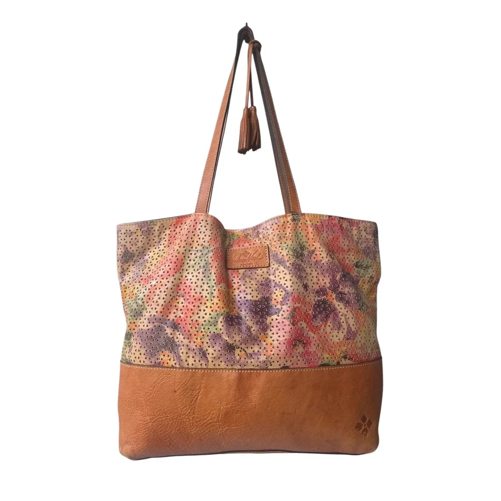 Patricia Nash Floral Perforated Italian Leather Tote Bag Tan Multi Tassel Boho